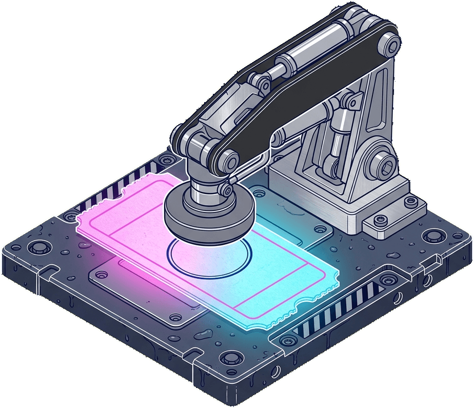 A mechanical stamp arm pressing proof into a glowing pink and cyan ticket